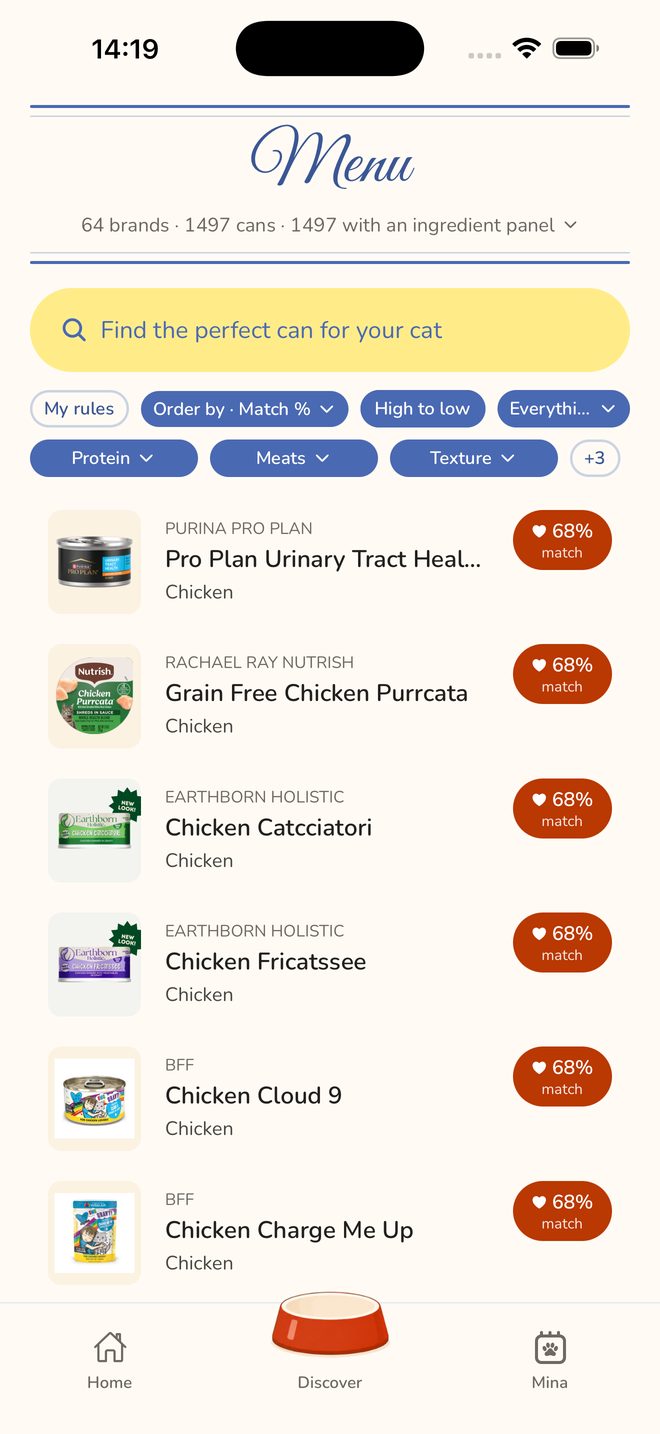 Find a can: sort by match, filter by meat and texture
