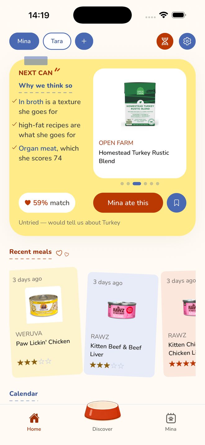 The PickyCat home screen: the next can to try and why, and recent meals